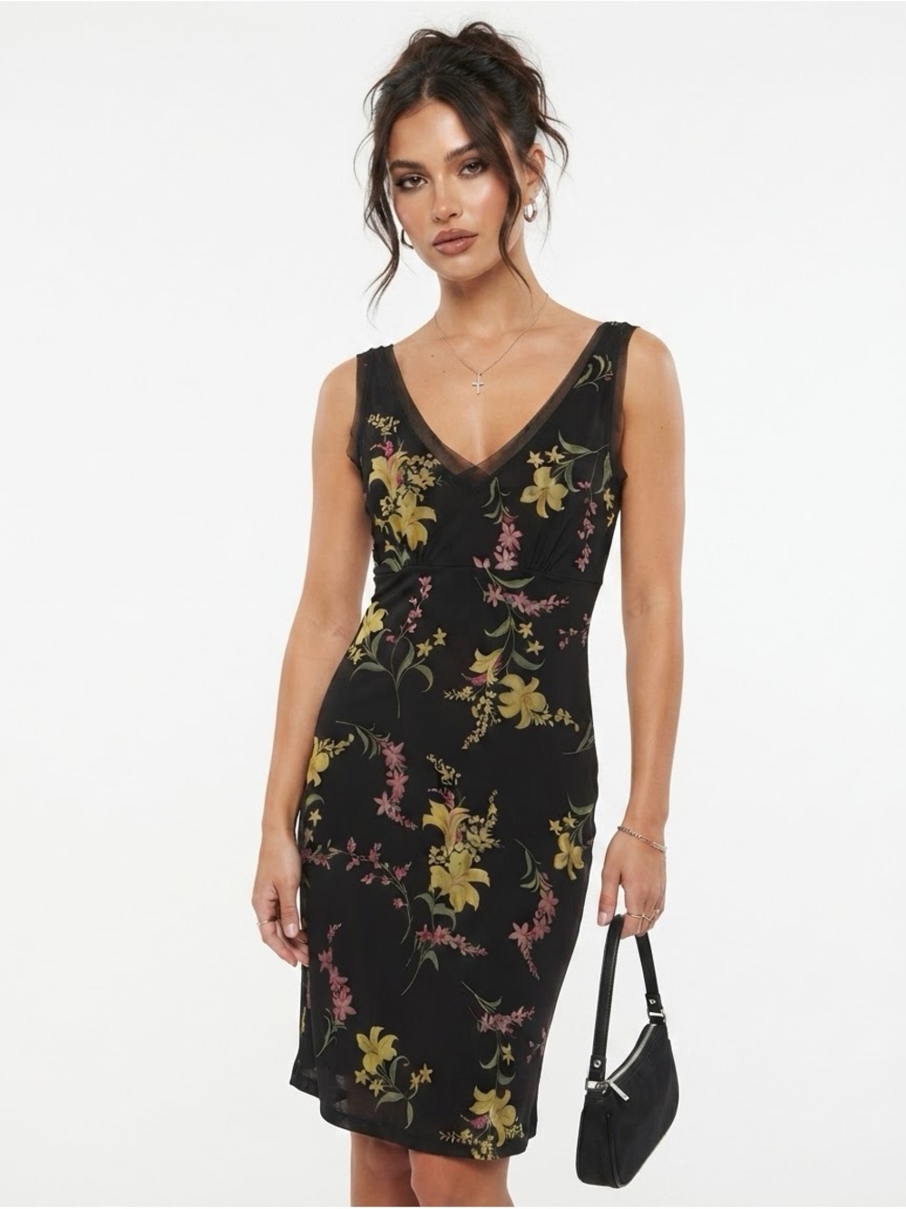 Vintage BCBG Maxazria Black Floral V-Neck Sleeveless Dress Size XS